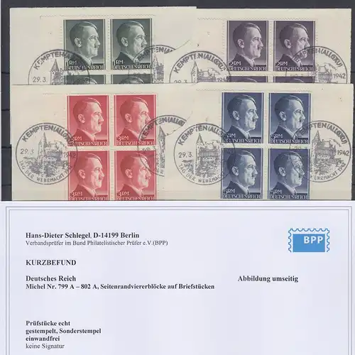 Deutsches Reich Hitler-Markwerte Mi.-Nr. 799-802A Viererblocks mit So.-O Kempten