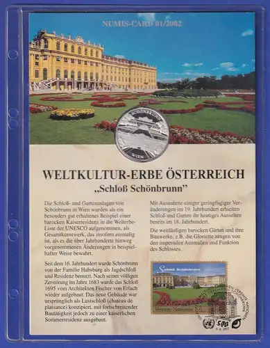 Österreich Silberne Medaille Weltkultur-Erbe Schloß Schönbrunn - Numis-Card 2002