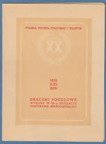 Polen 1938 Folder 20 Jahre Gründung der Rep. Polen, Marken und Block mit ET-O 