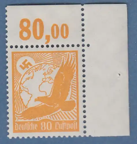 Deutsches Reich 1934, Flugpost 80Pfg Mi.-Nr. 536 Eckrandstück OR ** / * 