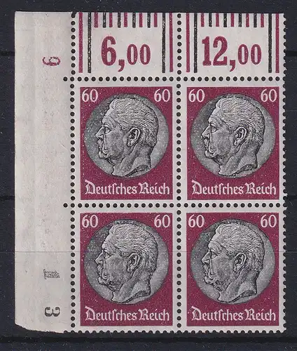 Deutsches Reich P. v. Hindenburg Mi.-Nr. 526, Eckrandviererblock OL mit DZ 9 **