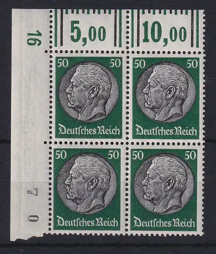 Deutsches Reich P. v. Hindenburg Mi.-Nr. 525 Eckrandviererblock OL mit DZ 16 **