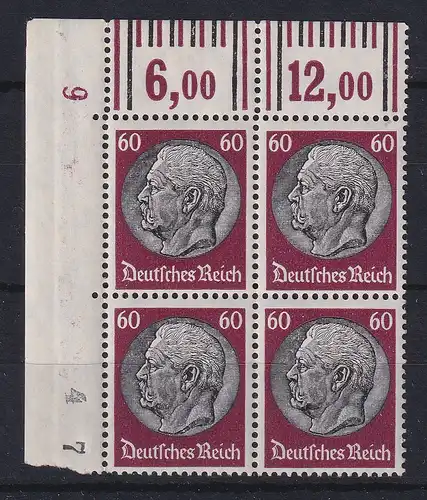Deutsches Reich P. v. Hindenburg Mi.-Nr. 526 Eckrandviererblock OL mit DZ 9 **