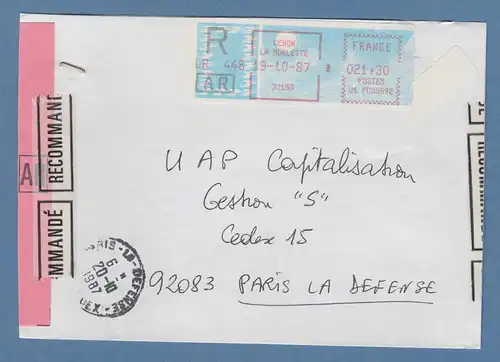 Frankreich SFS auf blauem Taube-Papier, Vordruck versetzt !  auf R-AR-Brief 1987