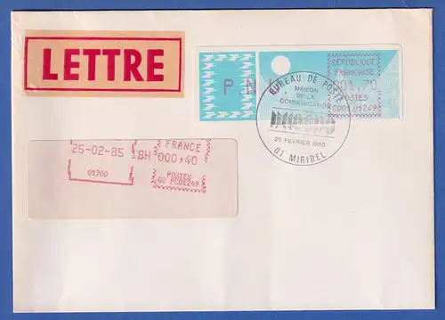 Frankreich-ATM Taube C001.01249 PNU 1,70 auf FDC mit So.-O Miribel 25.2.85. 