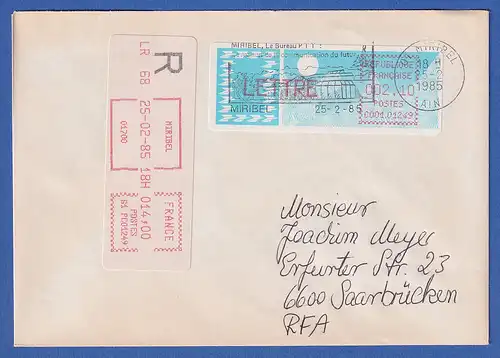 Frankreich-ATM Taube C001.01249 LETTRE 2,10 auf R-FDC Miribel 25.2.85. 