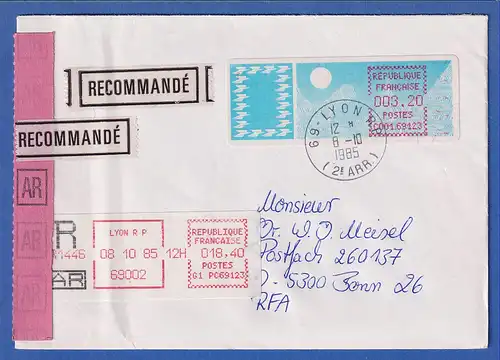Frankreich-ATM Taube C001.69123 ohne Zudruck 3,20 auf R-AR-Brief O LYON 8.10.85
