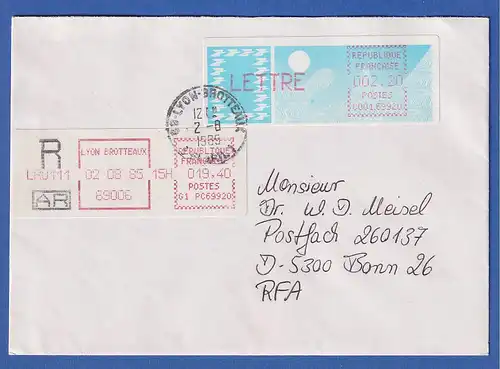 Frankreich-ATM Taube C001.69920 LETTRE 2,20 auf R-Brief O LYON 2.8.85