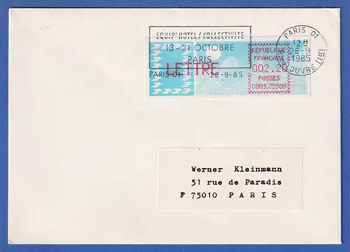 Frankreich-ATM Taube C001.75500 LETTRE 2,20 auf FDC PARIS 01 26.9.85  SELTEN !