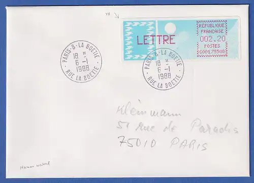 Frankreich-ATM Taube C001.75508 LETTRE 2,20 auf Brief mit O PARIS 08 6.1.88