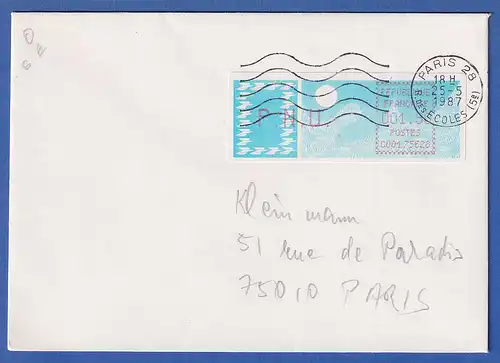 Frankreich-ATM Taube C001.75628 PNU 1,90 auf Brief mit O PARIS28 25.5.87