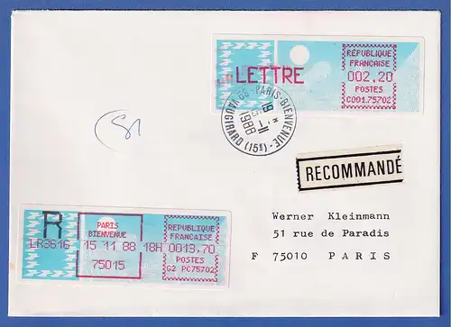 Frankreich-ATM Taube C001.75702 LETTRE 2,20 auf R-FDC mit ET-O 15.11.88