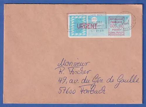 Frankreich-ATM Taube C001.75747 URGENT 5,00 auf FDC mit ET-O 5.7.1985