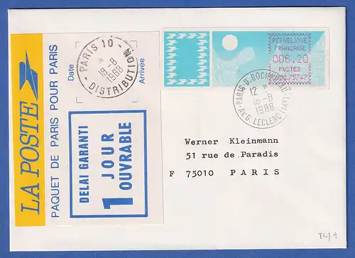Frankreich-ATM Taube C001.75747 ohne Zudr. auf Paket-Brief O 16.8.1988