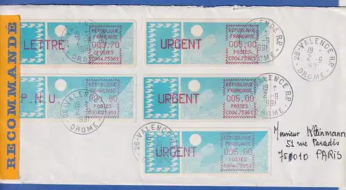 Frankreich-ATM Taube C004.75951 / 75961 5 Werte auf R-Brief O VALENCE 1991