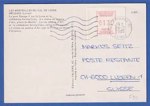 Frankreich-ATM Frama S01 45234 z-Papier 1,70 mit ET-O 26.2.1985 auf Postkarte