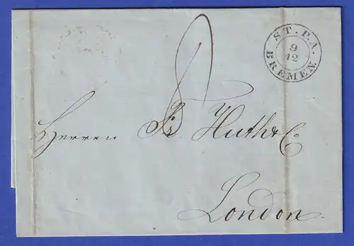 Preußen Geschäftsbrief mit Rundstempel BREMEN 1845 gel. nach London