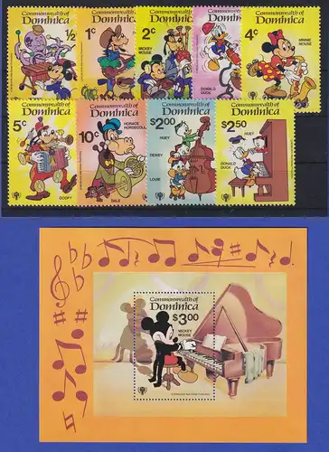 Dominica 1979 Musizierende Walt-Disney-Figuren Mi.-Nr. 657-665 und Block 60 **