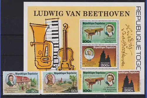 Togo 1977 Ludwig van Beethoven Mi.-Nr. 1217-1220 A und Block 114 ** 