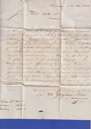 Preußen Geschäftsbrief mit Zweizeiler BREMEN nach London 1834