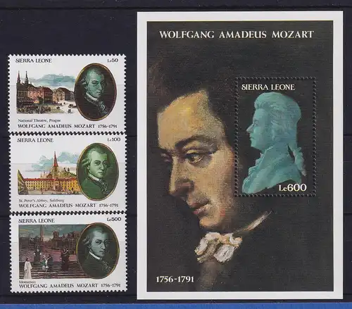 Sierra Leone 2011 W. A. Mozart Mi.-Nr.1729-1731 und Block 179 postfrisch **