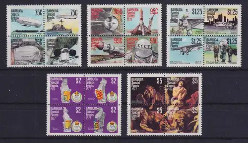 Barbuda 1977 Mi.-Nr.352-371, 5 Viererblocks postfrisch ** / MNH Jahresereignisse