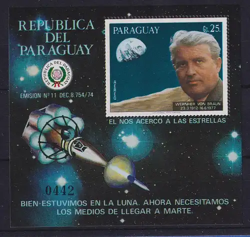 Paraguay 1977 Block Raumfahrt Wernher von Braun Mi.-Nr. Block 308 postfrisch **