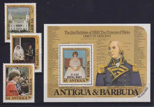 Antigua und Barbuda 1982 Mi.-Nr. 683-685 und Block 65 ** / MNH Royal Baby