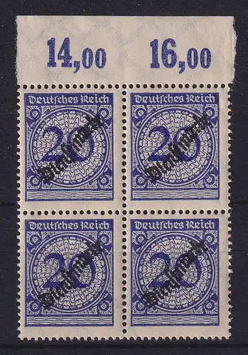 Deutsches Reich 1923 Dienstmarke Mi.-Nr. 102 P, Oberrand-Viererblock **