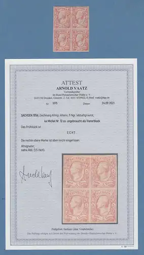 Sachsen 1856 Johann 5 Ngr. Mi.-Nr. 12ca Viererblock * Attest Vaatz BPP