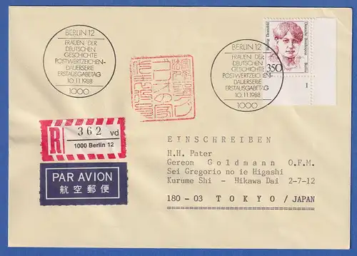 Berlin 1988 Dransfeld Mi.-Nr. 828 Ecke UR mit Formnummmer 1 auf FDC nach Japan