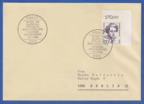 Berlin 1988 Hannah Arendt Mi.-Nr. 826 Eckrandstück OR auf FDC