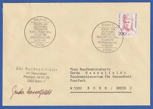 Autogramm GERDA HASSELFELDT auf FDC 1991 mit Mi.-Nr. 1498