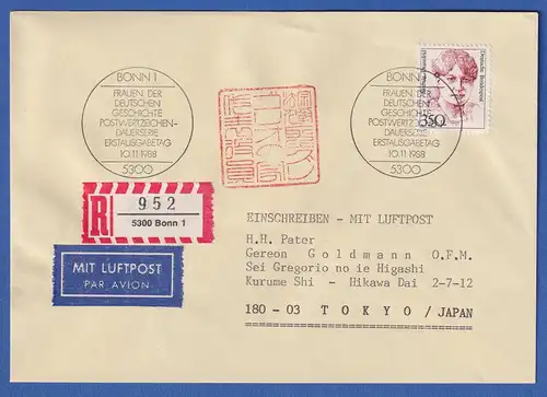 Bund 1988 Hedwig Dransfeld Mi.-Nr. 828 auf R-FDC nach Tokio