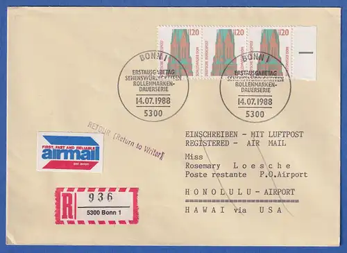 Bund 1988 Schleswiger Dom Mi.-Nr. 1375 Rand-Dreierstreifen auf R-FDC nach Hawaii