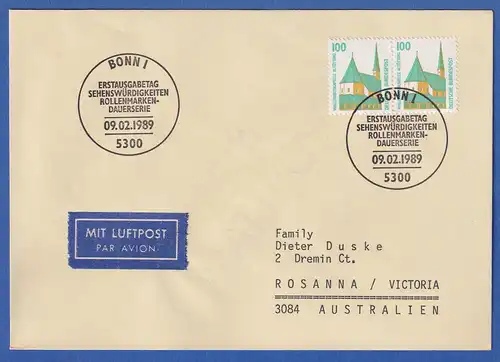 Bund 1989 Altötting Mi.-Nr. 1406 waag. Paar auf FDC nach Australien