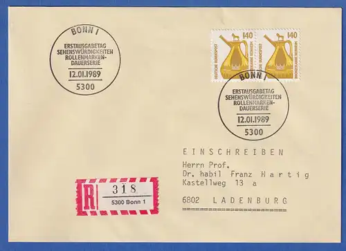 Bund 1989 Bronzekanne Mi.-Nr. 1401 waag. Paar auf R-FDC nach Ladenburg