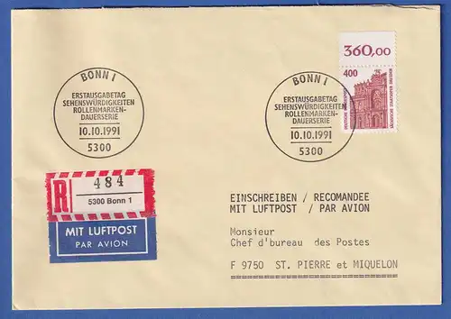 Bund 1991 Semperoper Mi.-Nr. 1562 Oberrandstück R-FDC nach St. Pierre & Miquelon