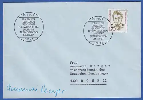 Autogramm ANNEMARIE RENGER auf FDC 1987 mit Mi.-Nr. 1338