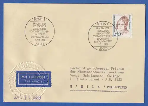 Bund 1988 Mathilde F. Anneke Mi.-Nr. 827 auf FDC nach Manila (Philippinen)