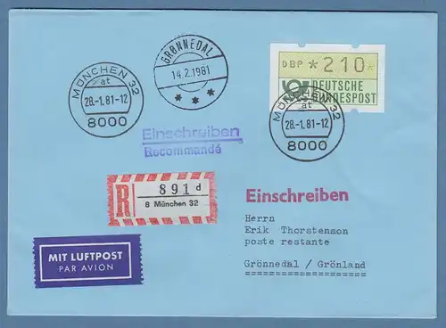 ATM 1.1 Wert 210 auf R-Brief Inbetriebnahme MWZD MÜNCHEN 32 am 28.1.1981