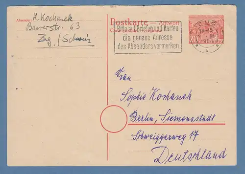 Berlin Berliner Bauten Ganzsache Antwortkarte Mi.-Nr. P9A 1955 gel. aus Schweiz