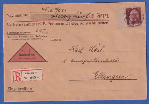 Bayern 50 Pfennig Luitpold Mi-Nr. 83 I auf R-NN-Brief von München n. Ellingen