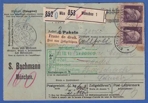 Bayern 80 Pfennig Mi-Nr. 85 I Paar auf Paketkarte von München nach Rorschach CH