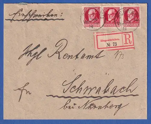 Bayern 10 Pfennig Ludwig III. Mi-Nr. 96 I a auf R-Brief Schwand nach Schwabach