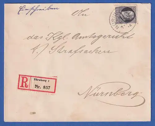 Bayern 25 Pfennig Ludwig III. Mi-Nr. 98 I auf R-Brief gelaufen in Nürnberg