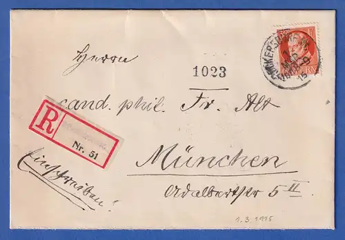 Bayern 30 Pfennig Ludwig III. Mi-Nr. 99 I auf R-Brief Rückersdorf nach München