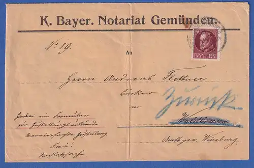Bayern 50 Pfennig Ludwig III. Mi-Nr. 101 I auf Brief von Gemünden nach Waldbrunn