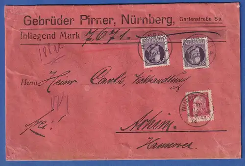 Bayern 80 Pf. Ludwig III. Mi-Nr. 103 I auf Wert-Brief von Nürnberg nach Achim