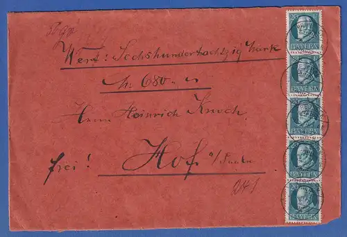 Bayern 20 Pf. Ludwig III. Mi-Nr.97 II A 5er-Streifen auf Wertbrief-Vorderseite